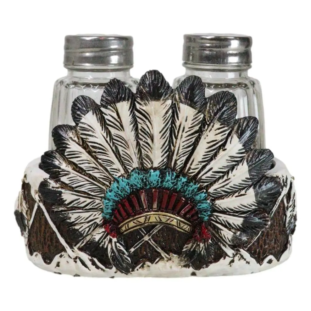 Tribal Indian Chief Headdress Bonnet Roach Feather Kitchen Glass Seasoning Utensils, Colorful Salt Pepper Shaker Set