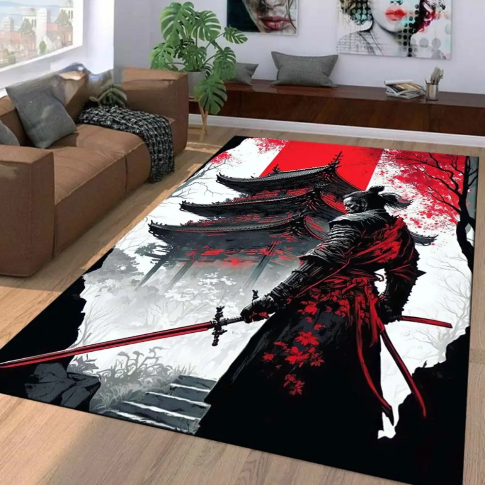Japanese Samurai Cherry Blossom Flannel Area Rug Home Decor Rugs - Red & Black Ink Wash Print Soft Mat for Gaming Room & Bedroom, Non-Slip Asian Inspired Home Decor #SamuraiRug #CherryBlossomMat #AsianInspiredDecor #JapaneseInkArt #NonSlipFlannelRug