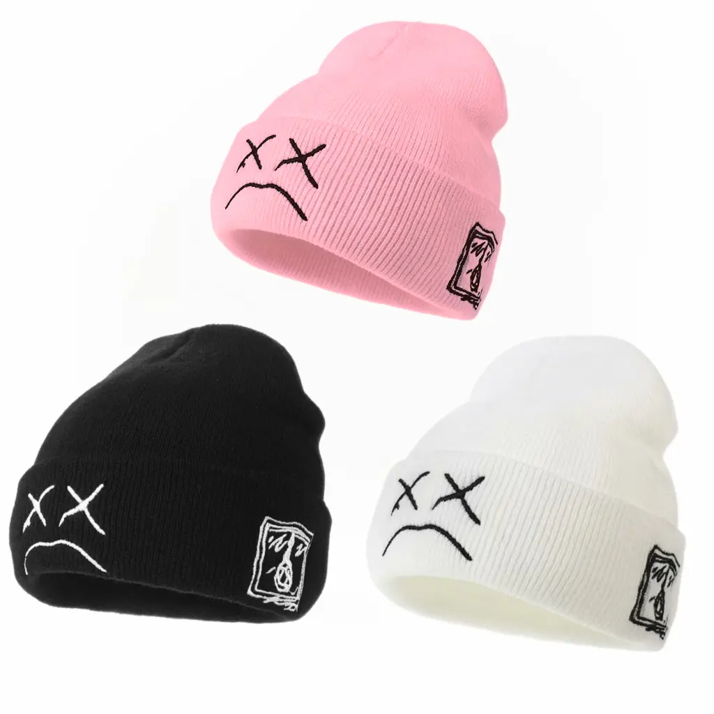 Unisex Streetwear Slouchy Beanie - Thick Stretch Knit Cotton, XX Embroidered Crying Face, Distressed Crying Face, Embroidered Eyes, Frowning Expressions, Warm Windproof Autumn Winter Hip-Hop Streetwear Clothing Headwear for Everyday Use, Daily