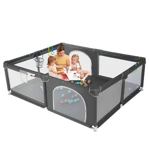 BIOBY Portable Baby Playpen, 63" x 63" x 27" Extra Large Playard, Soft Mesh Sturdy Pipe Ample Space for abies and Toddler, Safe and Non-Slip Baby Fence, Full Mesh Design, Indoor & Outdoor Kids Activity Center, Portable Travel Design, Dark Grey