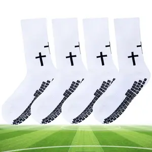 White Cross Grip Soccer Socks for Men Christian Anti-Slip Football Socks with Cross Size 6-13 Twill Material for Training and Everyday Wear