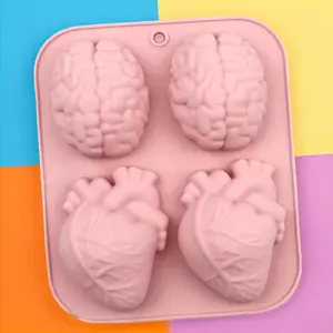 Fun Silicone Baking Mold Set of 4 - Brain and Heart Chocolate Decor Molds, Handmade Bread DIY Baking Tools