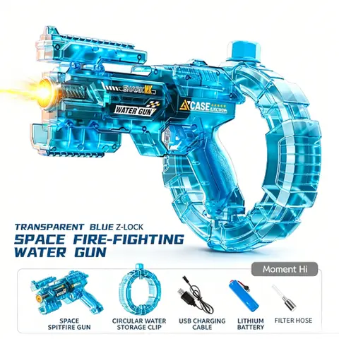 0058-Blue Automatic Water Supply Waterblaster - Battery-Powered Transparent Automatic Squirt Gun, Large Capacity Kids' Outdoor Play Toy with Glow-Blue Splash, LED Light, Included Cells for Pool, Beach Days, Children Development