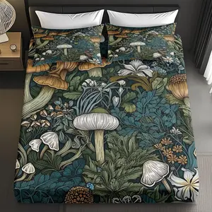 3-Piece Comfortable Mushroom & Floral Bed Sheet Set, Soft HD Digital Print, Decorative Bedsheet Sets, Includes 1 Fitted Sheet + 2 Pillowcases, Perfect for Home Bedroom, Mushroom And Floral Bedsheet Set, Floral Sheets
