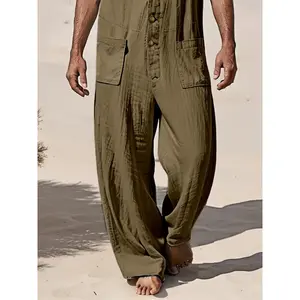 Men's Casual Sleeveless Linen Jumpsuit Overalls - Summer Khaki Playsuit with Pockets, V-Neck, and Drawstring Waist, Perfect for Outdoor Adventures and Leisure