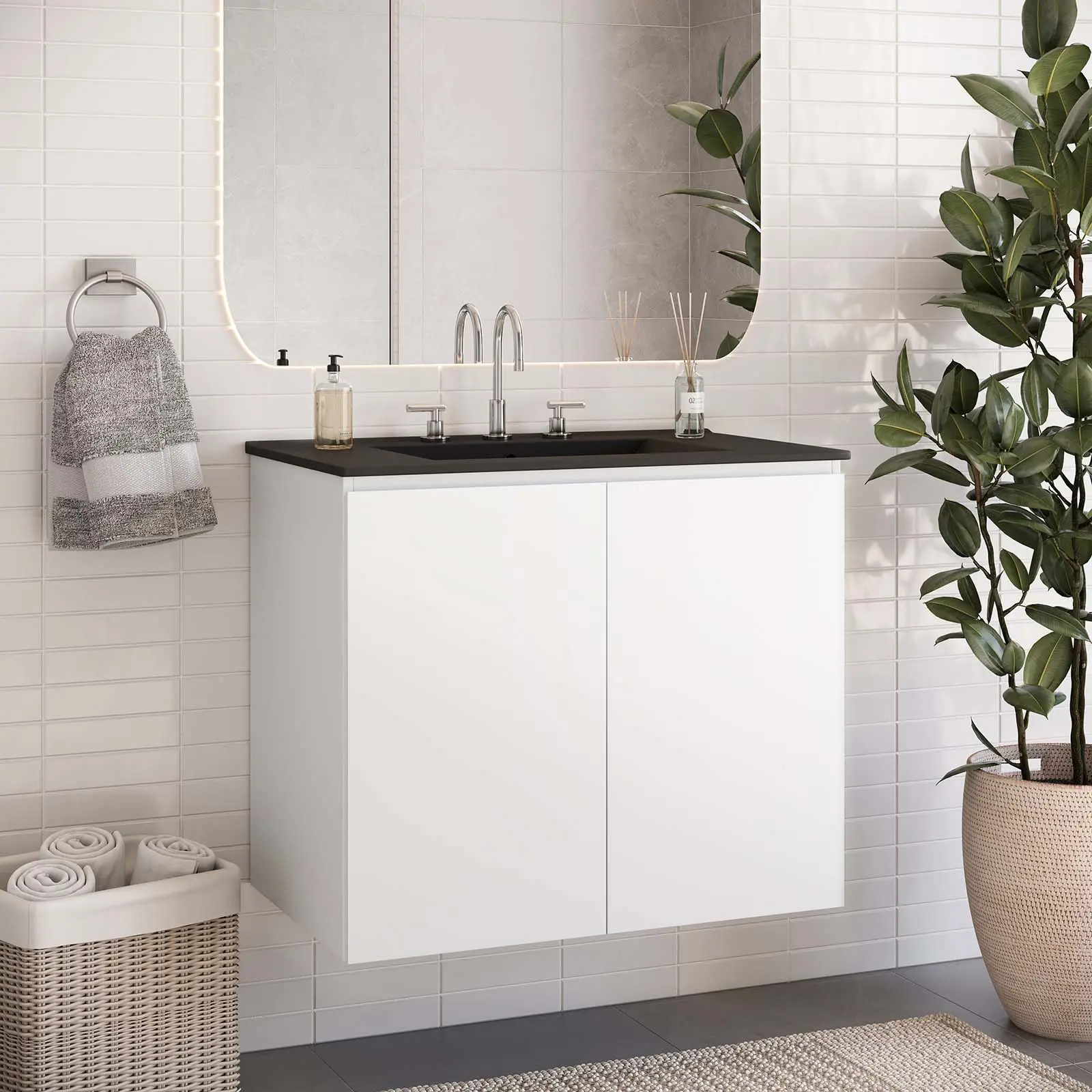 Modway Bryn 30" Wall-Mount Bathroom Vanity - Modern Furniture with Cut-Out Design, Bathroom Storage, Ample Space, Soft-Close Features, Assembly Required, White-Black