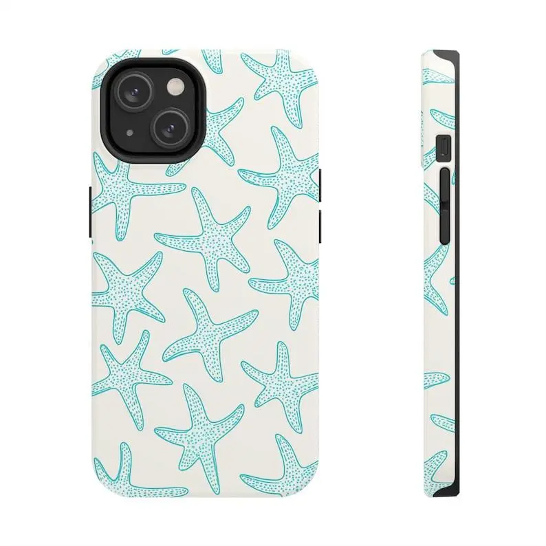 Turquoise Starfish on Off-White Coastal Print Phone Case — Compatible with Samsung S26/S25/S24/S23/S22/S21, iPhone 17/16/15/14/13/12/11, Drop-Resistant, Non-Slip, and Fade-Resistant, Nautical Summer Beach Protective Cover, Accessories, Smartphone