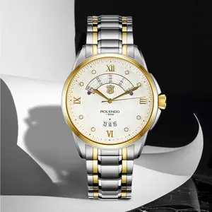 Semi-Circular Auxiliary Scale Dial Automatic Mechanical Watch for Men Roman Numeral Hour Markers Crystal Set Dot Index Jump Window Date Display Two-Tone Stainless Steel Link Bracelet High Precision Waterproof Business Luxury Dress