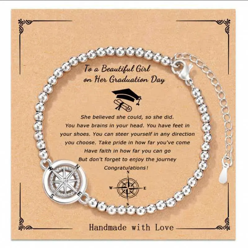 Women's Graduation Compass Bracelet, Silver Beaded Adjustable Inspirational Wristband, "She Believed She Could" Graduation Keepsake Gift