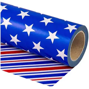 Reversible 4th of July Wrapping Paper - Mini Roll - 17 Inch X 33 Feet - Blue Red White Stripe and Star Design, Perfect for Memorial Day, Holiday, Party