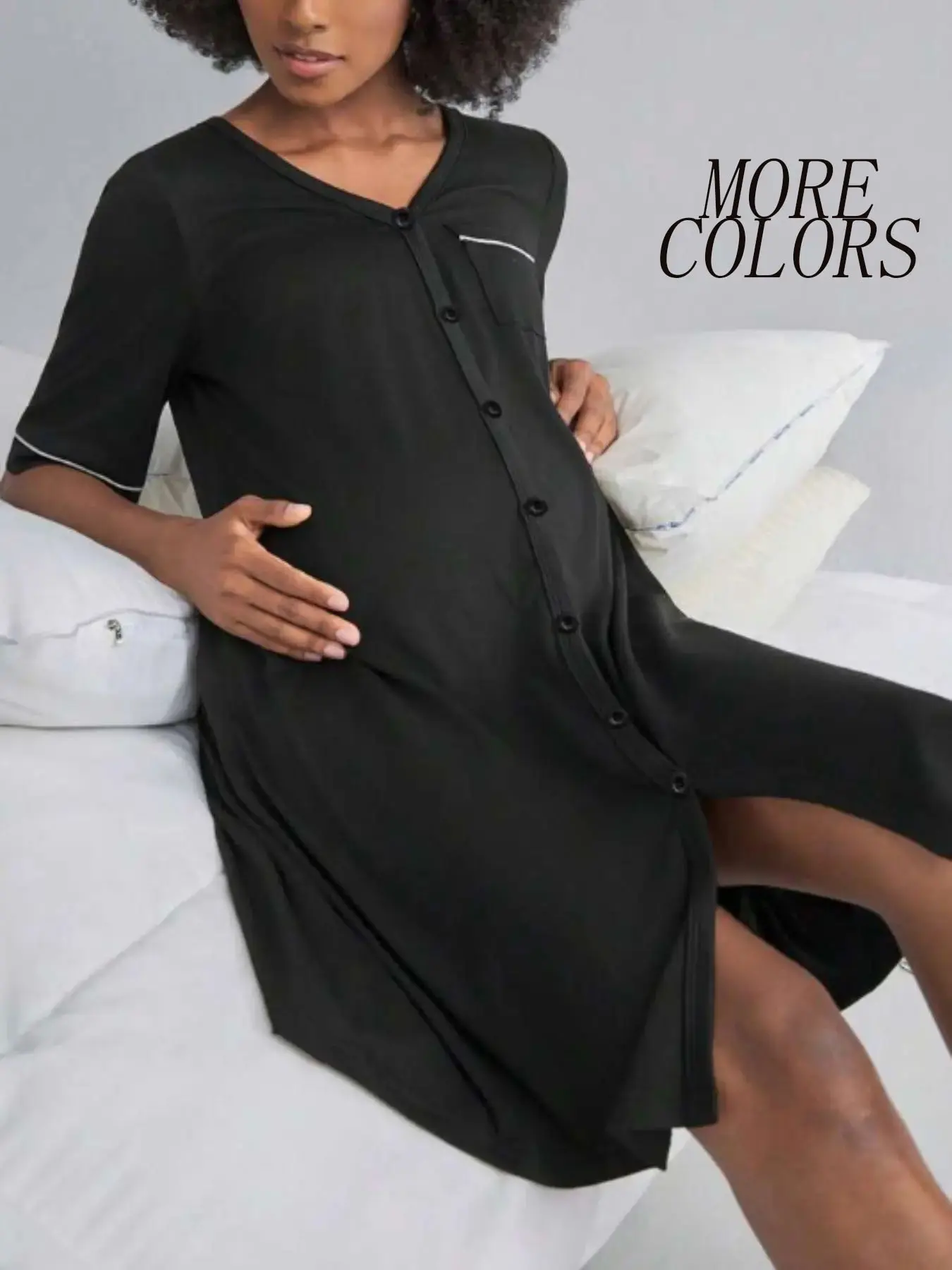 Pregnant Women Front Button Nursing Nightgown, Colorblock Trimmed V-Neck Short Sleeve with Pockets, Comfortable Postpartum Sleepwear, Maternity Wear, Pregnancy Clothes, Maternity Clothing