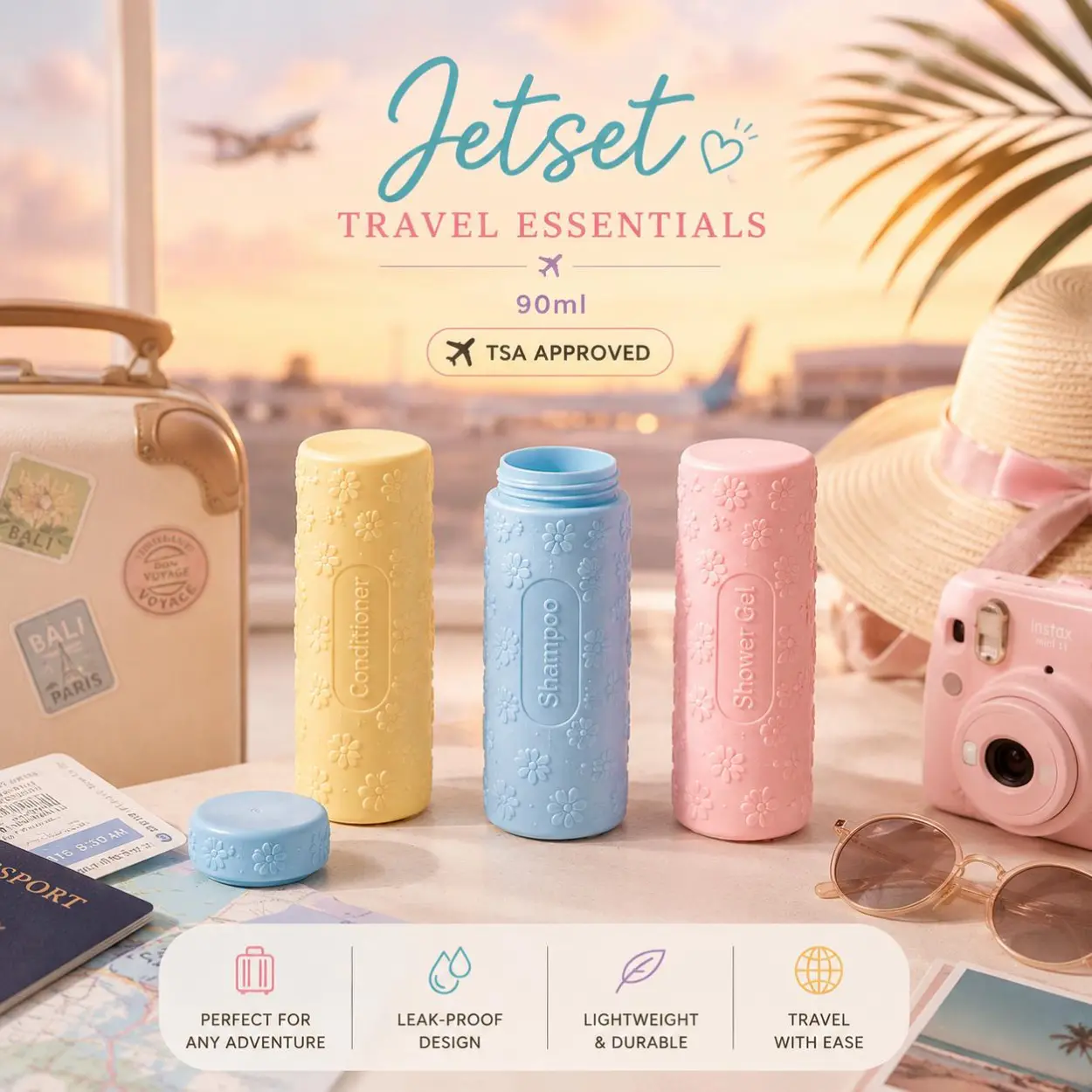 Travel Bottles Set TSA Approved 90ml – Leak Proof Shampoo Conditioner Shower Gel Containers, Cute Floral Design, Travel Essentials Gift