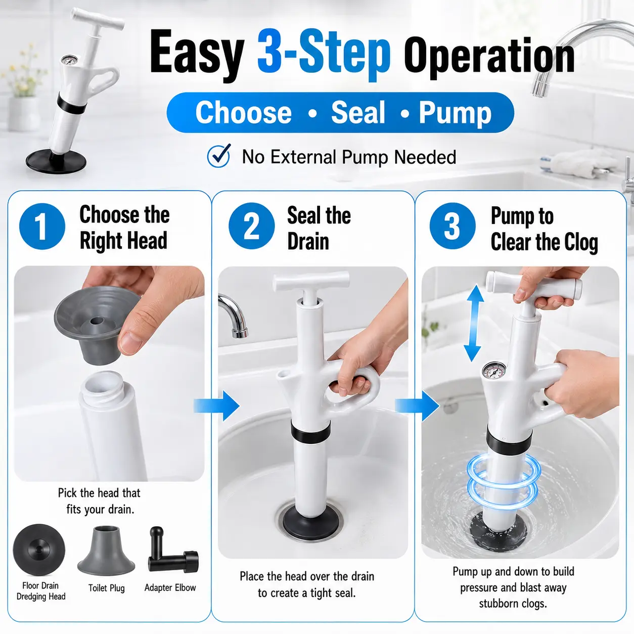 High-Pressure Air Drain Blaster with Built-In Pressure Gauge, Toilet Plunger & Drain Clog Remover with 4 Interchangeable Heads, Manual Unclogging Tool for Toilet, Kitchen Sink, Bathroom Sink, Shower, Floor Drain & Pipes Accessory Cleaning