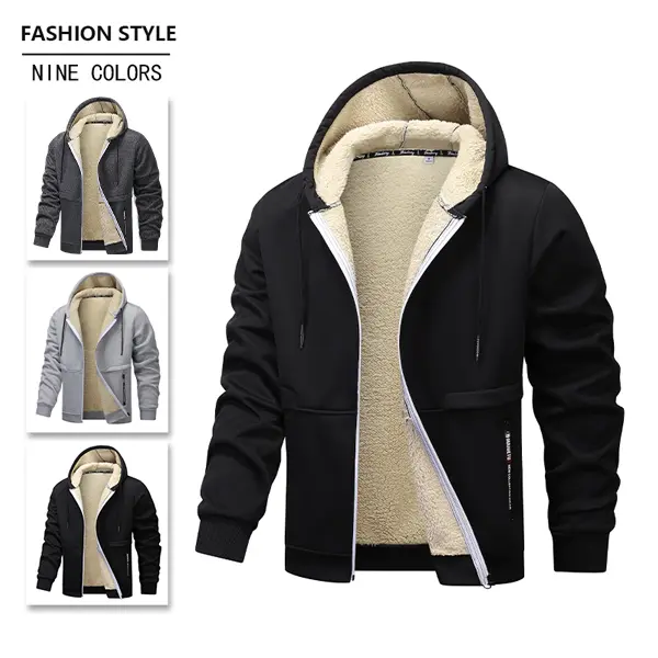 Hooded fleece zip-up jacket, stylish casual design, soft and comfortable faux lamb wool lining, practical pocket design, available in multiple colors to suit various outfit choices, simple and versatile Winter Wear Beige Long Sleeve Coats
