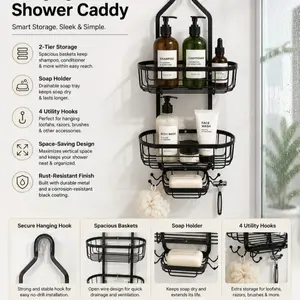 Bathroom Hanging Shower Storage Rack, Overhead Shower Rack with Razor and Sponge Hooks, Rust-Resistant, Black (Model DM172-890)