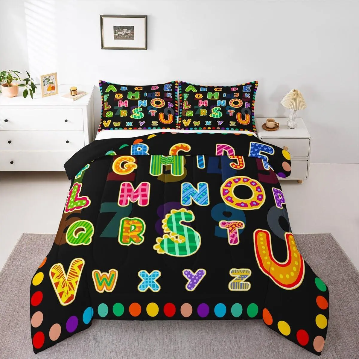 Alphabet Colorful Comforter Set,,Educational ABC Alphabet Bedding Set,Early Learning Duvet Quilt,Monogrammed Comforter,Rainbow Dots Bedroom Decor