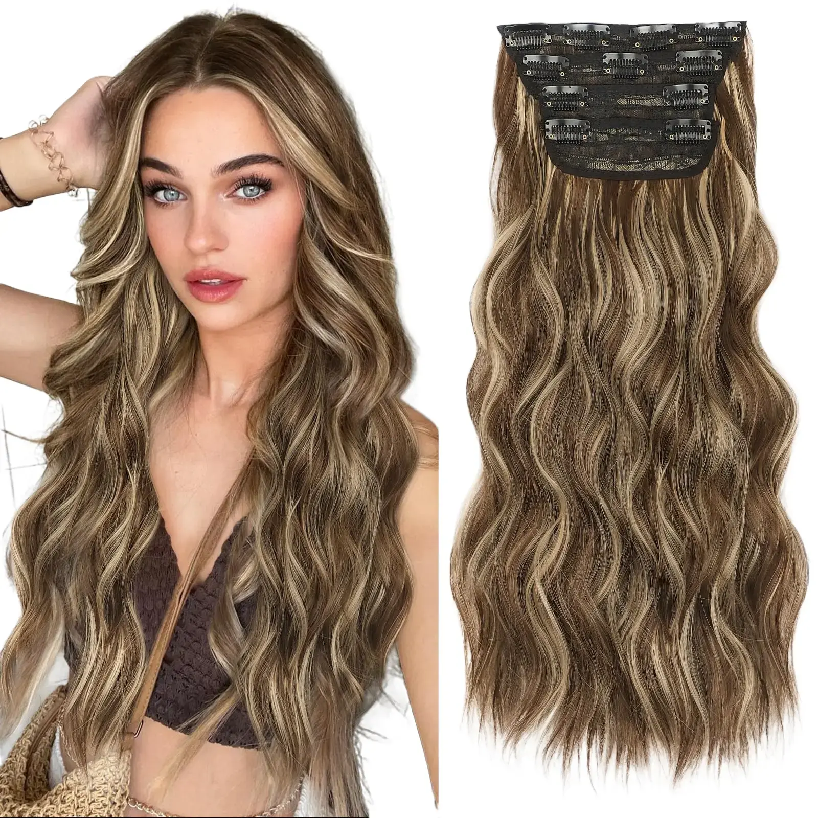 【Flash Sale】Clip in Synthetic Hair Extension 4PCS Long Wavy Hair Extensions 20/24 Inch Synthetic Thick Hairpiece for Women Blonde Brown Wave