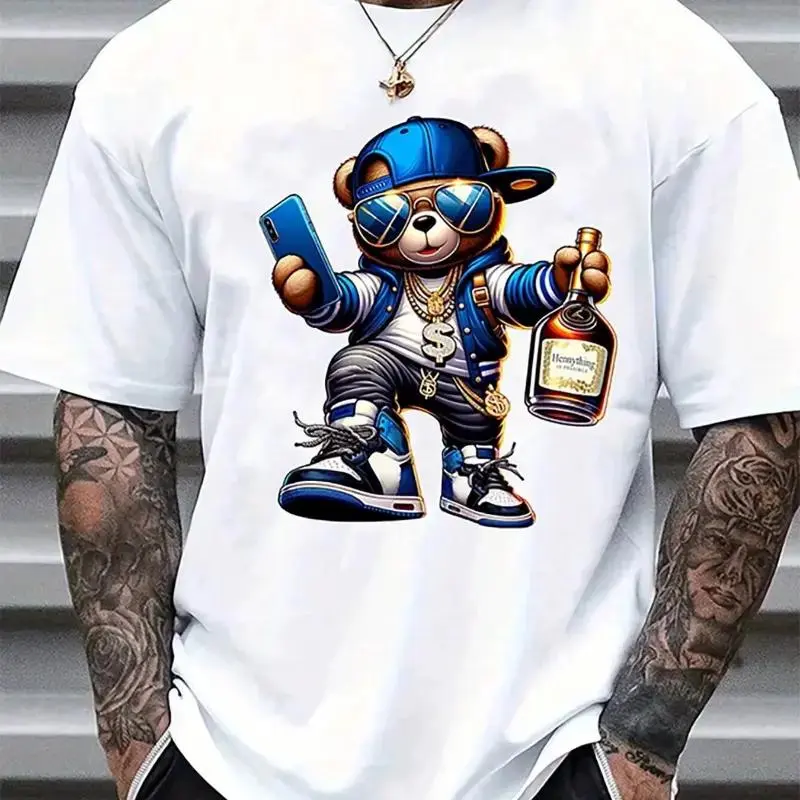 Men's Cartoon Bear Graphic T-Shirt in Pure Cotton, Casual Streetwear Loose Fit with Round Neck and Shortsleeve for Summer, Menswear, Bottle Hold, Print, Multi-Size