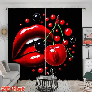 2D Flat 2Pcs Red Lip & Cherry Print Curtains, Home Decoration Curtain, Home Decorative Curtain, Black Background Drapes, Semi Sunshade Polyester Window Treatment for Living Room, Bedroom, Balcony, Kitchen, Privacy Protecting Decor