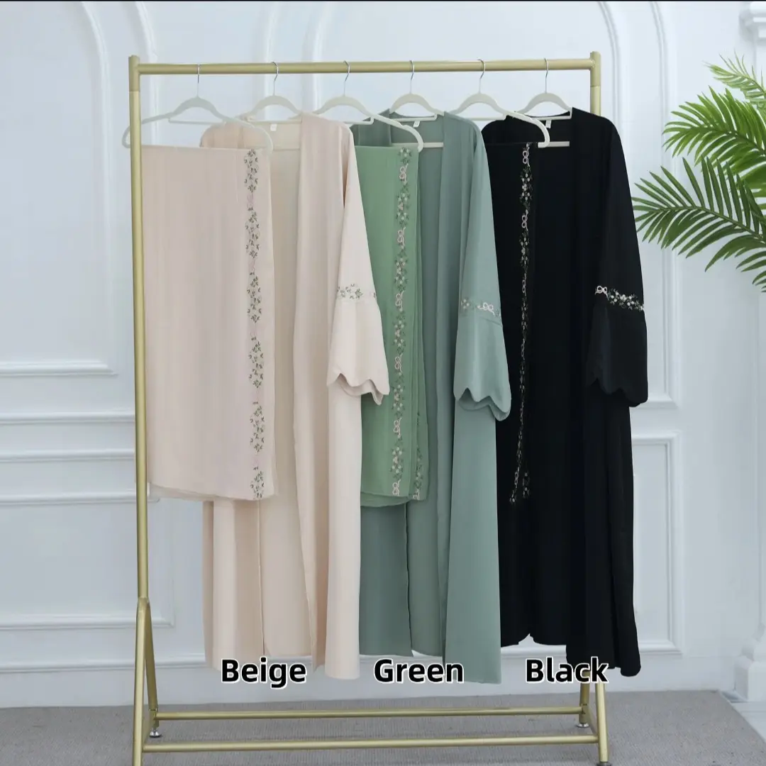 Women's Islamic 2-Piece Dubai Abaya & Hijab Set - Summer, Eid Modest Open Abaya with Embroidered Sleeves (Ramadan Corrected Spelling)