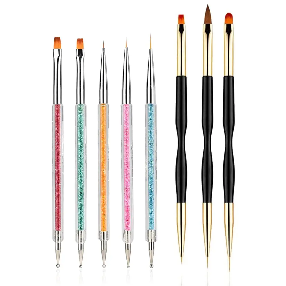 8PCS Nail Art Brushes, Double-Ended Brush and Dotting Tool Kit, Dual End Nail Art Pen Brush Acrylic Round Flat Painting Drawing Liner Nail Tools