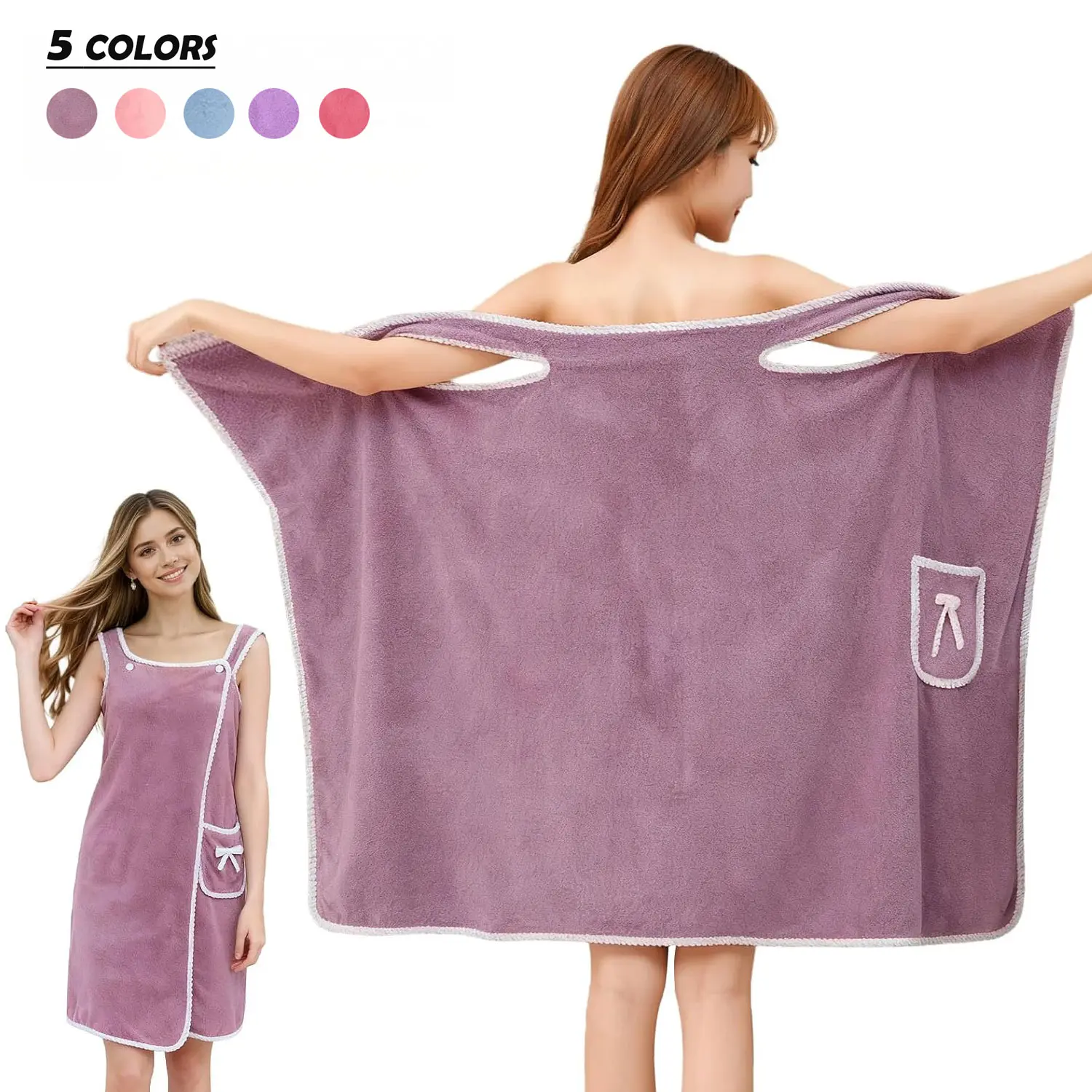 Sports Towel, Bath towel Wrap with Pocket Bow Tie Adjustable Spa Towel for Women Quick Dry Soft Lightweight Coral Velvet Wearable Robe