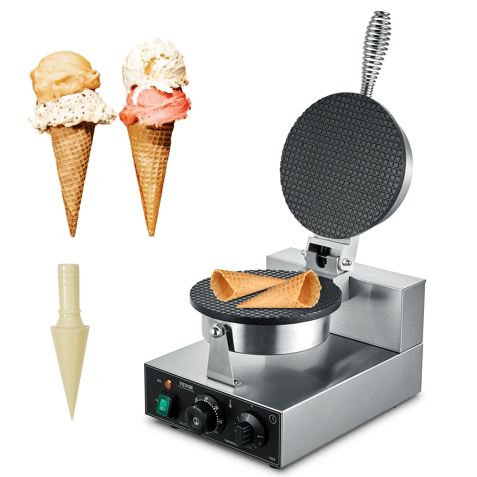 VEVOR Commercial 1230W Stainless Steel Automatic Ice Cream Maker, Waffle Cone & Egg Roll Maker with Temp Control & Single Tray, Ideal for Cafe Owners & Gatherings, Waffle Cone Maker
