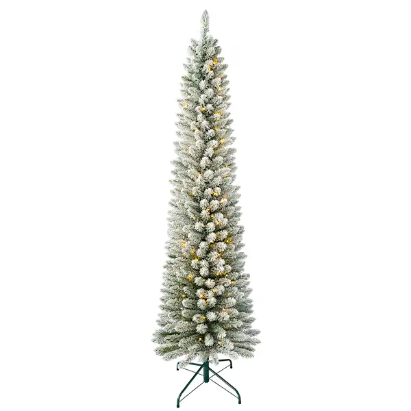 ClouFairy 5ft/6ft/7ft Pencil Christmas Tree Prelit, White Slim Flocked Artificial Trees with  LED Lights,  Branch Tips, Premium PVC Needles, with Sturdy Metal Stand,Xmas Tree for Home Office Shops Hotels