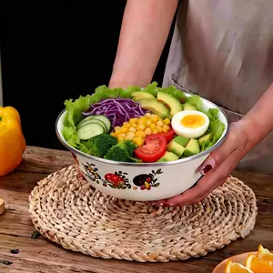 3-Piece Enamel Salad Bowl Set, Stackable Reusable Bowls for School Lunch Camping Picnic, Outdoor Cooking Supplies, Durable Round Food Storage, Floral Pattern