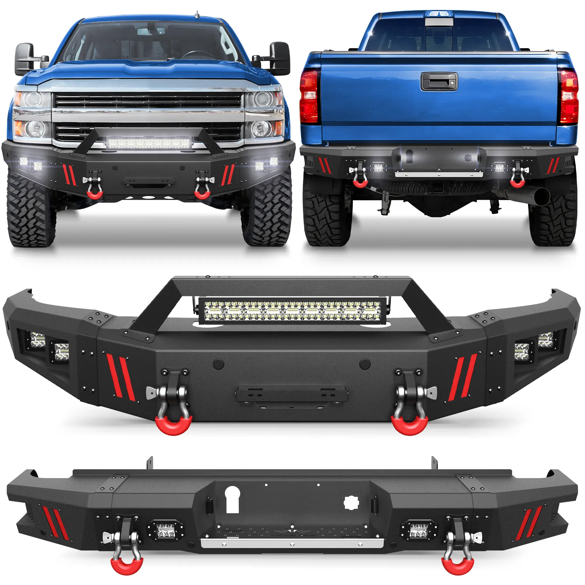 POFENZE-Mestan Silverado Front + Rear Bumper Combo for 2015-2019 Chevrolet Silverado 2500/3500 HD, Full Width Front & Rear Bumper for Chevy Silverado Pickup Truck, w/Winch Plate, D-Rings, LED Lights fck bars and Kit drings