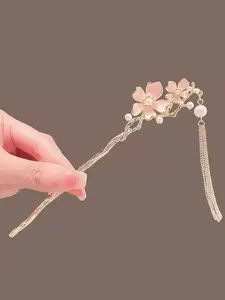 New Oriental Flower Enamel Pearl Tassel Design Hairpin, Traditional Hanfu Headpiece, Wedding Daily High-End Hair Accessory