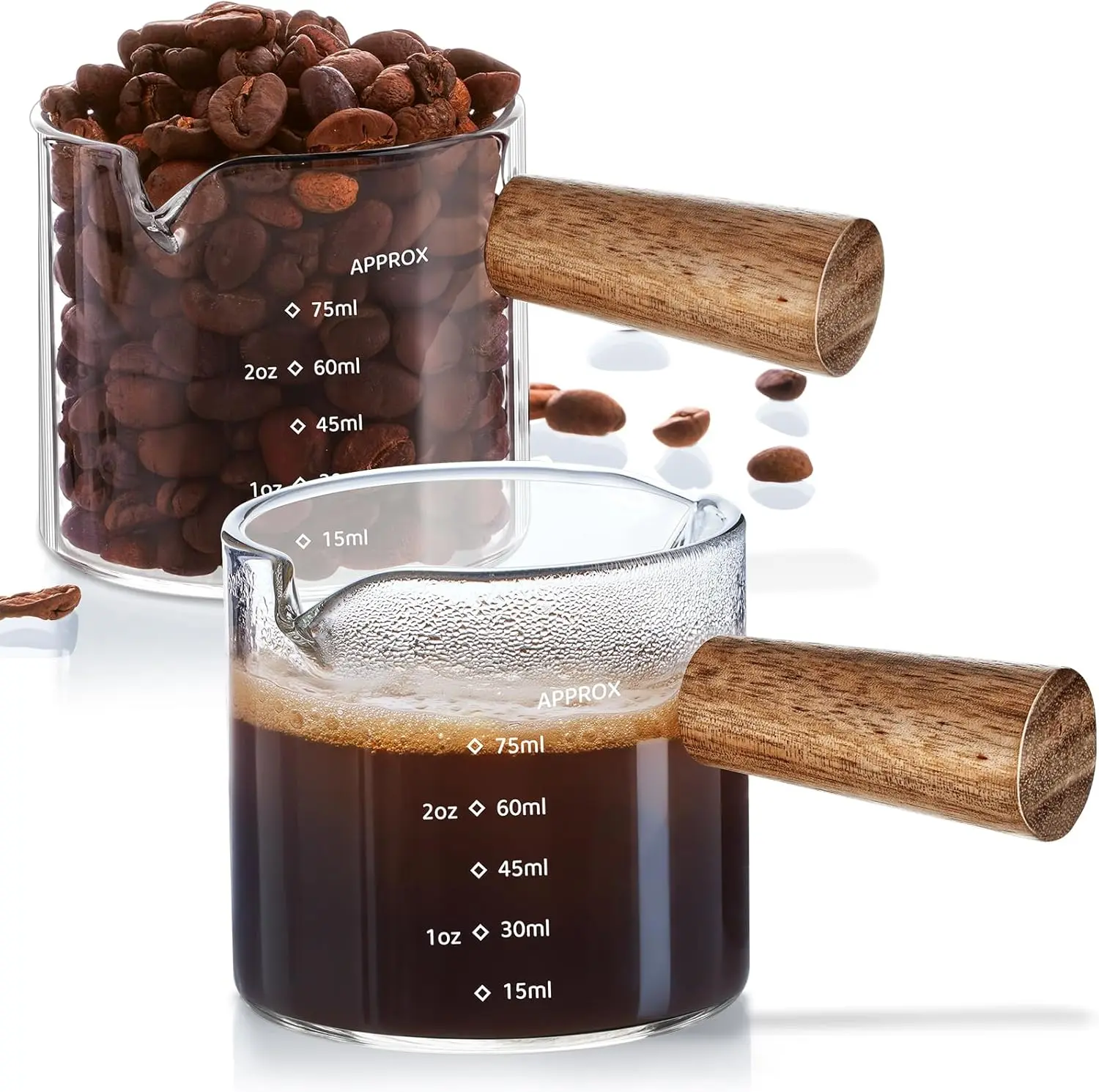 Espresso Shot Glass With Wooden Handle, 2 Packs V-Shaped Double Spout Espresso Measuring Cup, Espresso Machine AccessoriesCoffee Bar EssentialsPrecise 75 Ml Coffee Measuring Cup