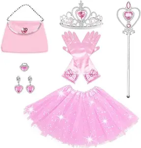 Mother Day Gift Princess Dress Up Accessories Tulle Skirt Toddler Tutu Costume Toys with Princess Crown Gloves Wand Earrings Ring Handbag 9pcs Girl Role Play Gift Set Birthday Party Favors for 3-8 Years Girls