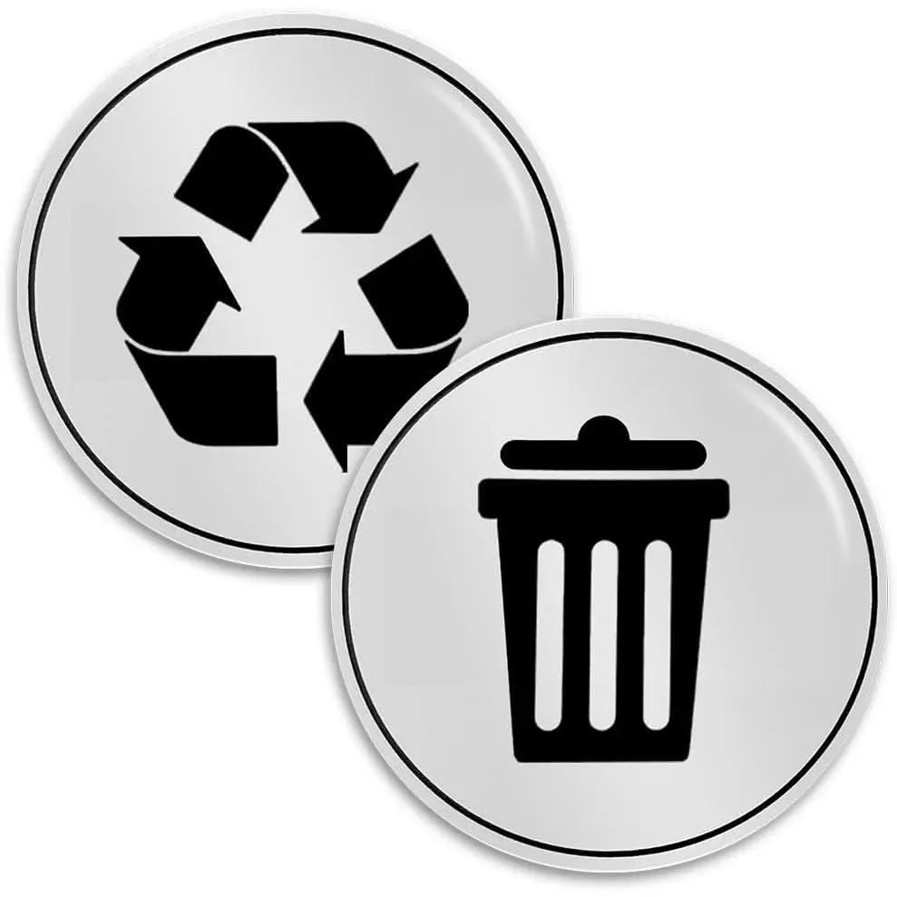 Trash and Recycle Stickers Set of 2 | Indoor Outdoor UV Stable & Weatherproof | Kitchen Pantry Office Organization | Garbage Bin and  Basket Label | 3x3 Inch Round Recycling and Trash Sticker