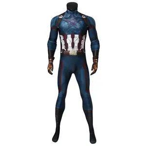 Adult Classic Star Shield Superhero Cosplay Bodysuit, Blue & White Fitted Full Body Stretch Jumpsuit with Headwear, Comic Warrior Style Outfit Perfect for Halloween, Christmas, Theme Party, Role Play and Stage Performance Costume Full Set