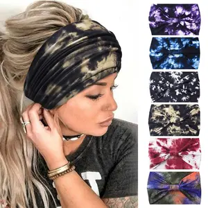 Wide Non Slip Boho Elastic Tie Dye Headbands - Yoga Workout  Bands Running  Hair Bands, Pack of 6