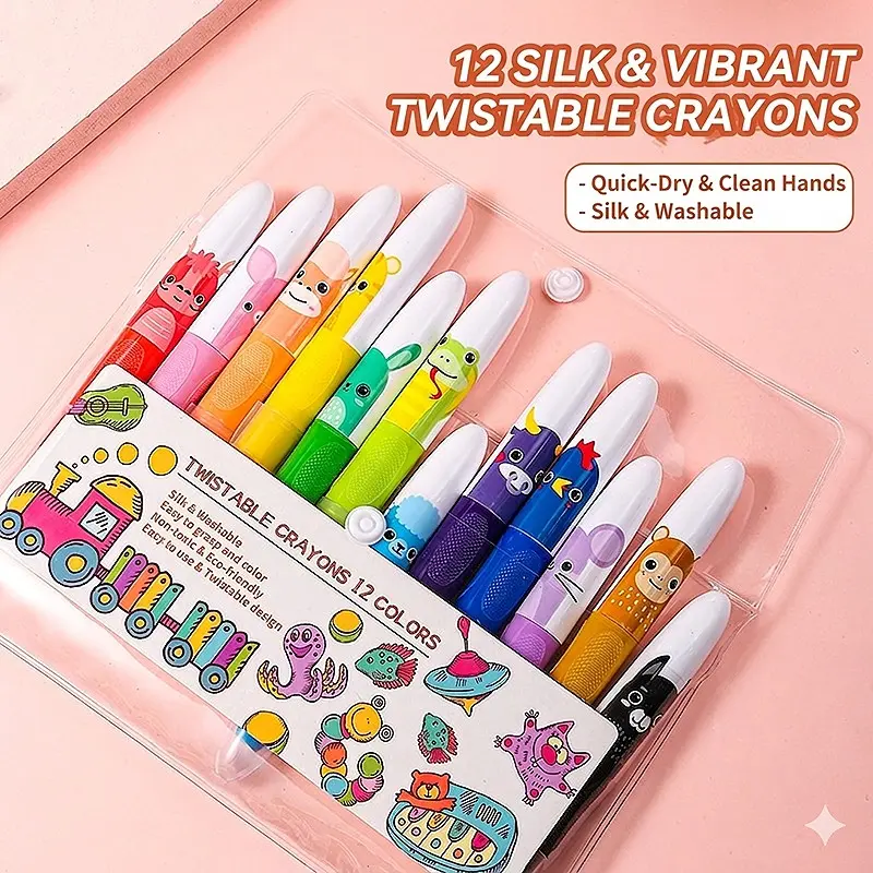 Cute Jumbo Crayons, 12pcs 12 Colors Non Toxic Twistable Crayons with Clear Bag, Washable Silky Crayons for Coloring Painting Supplies School Home Office