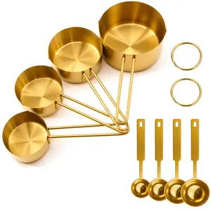 8 Pcs Stainless Steel Measuring Cups and Spoons Set, Long Handle for Narrow Mouth Bottles, Stackable, Gold Finish, Metric & Imperial for Home Baking