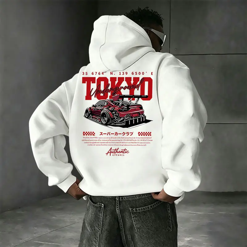 Tokyo Underground Racing Print Hooded Sweatshirt, American Street Racing Graphic, Loose Pullover Hoodie for Men and Women, Retro Casual Top
