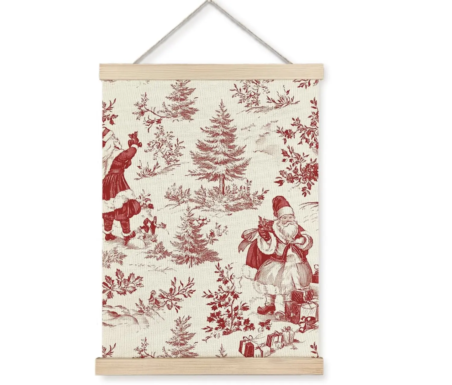 Red Chinoiserie Christmas Wall Art Poster, Chinoiserie Christmas Decor, Vintage Rustic Xmas Pine Tree Santa Holiday Posters for Home Bedroom Living Room, 12x16 Inches