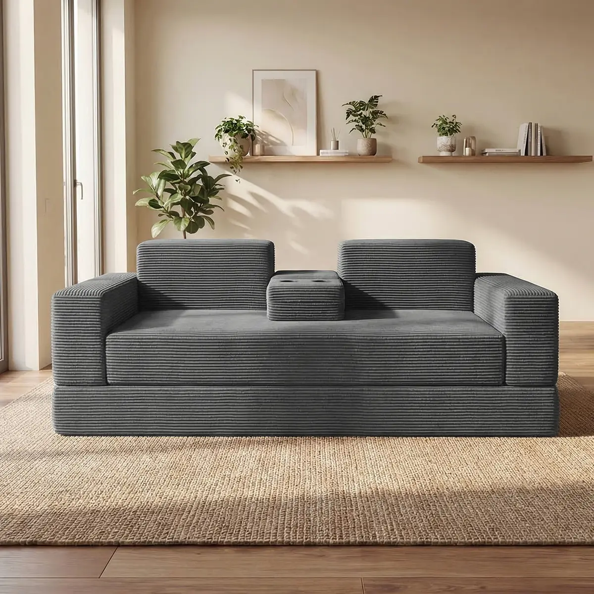 Loveseat Sleeper Sofa Bed Convertible 2-Seater Couch with Cup Holders, Multi-Functional Foldable Sleeper Sofa for Living Room Apartment