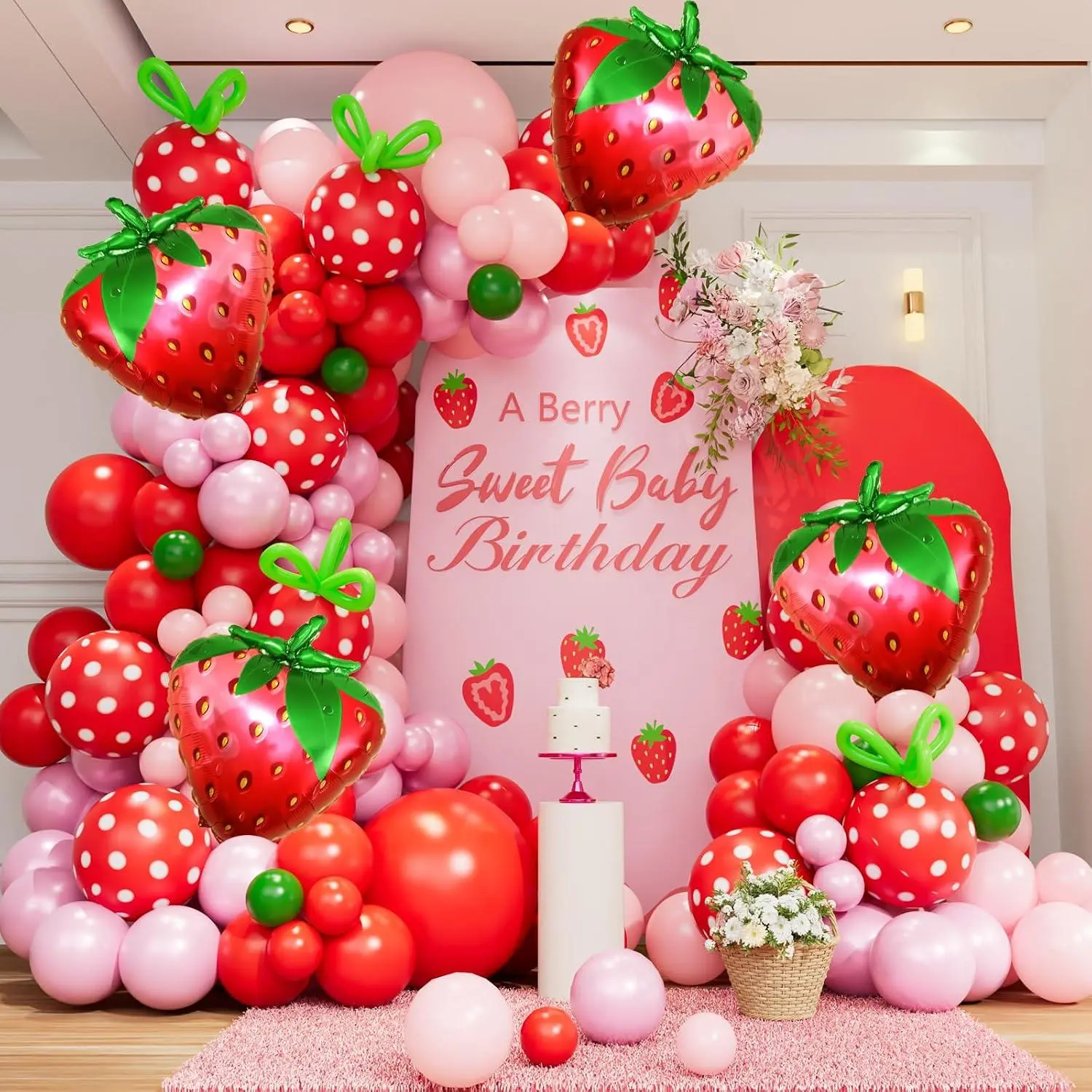 Strawberry Balloon Arch Kit - 137Pcs Red Pink And Light Pink Balloons With Strawberry Foil Balloons For Berry First Birthday Decor Sweet Girl Baby Shower Strawberry Shortcake Themed Party Decorations
