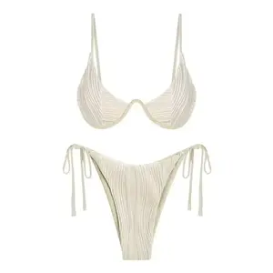ZAFUL Women's Textured Underwire Bikini Set V Notch High Cut Swimwear Tie Side Ribbed Sexy SwimsuitsGift