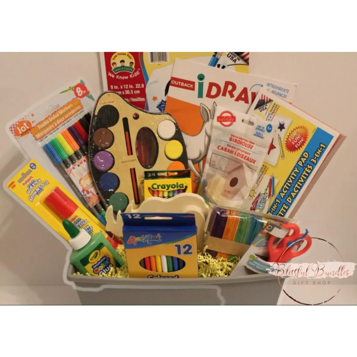 Back to School arts and crafts gift basket for all ages. Supplies and Crafts Perfect for School or Home craft activities.