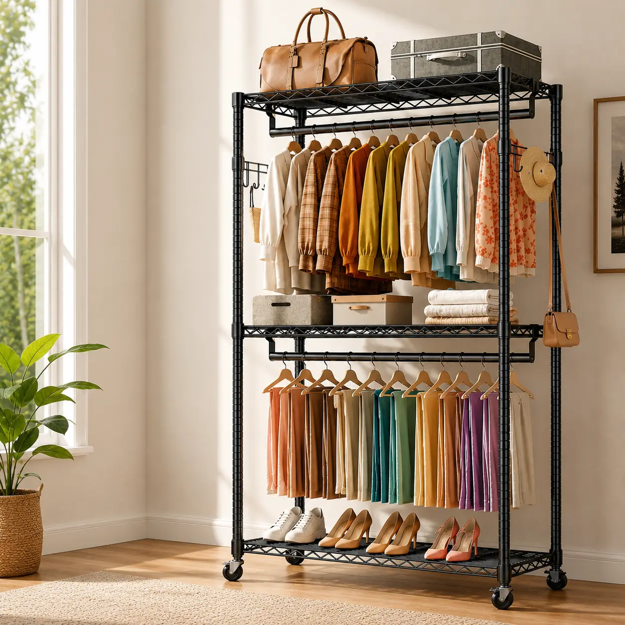 Sweetcrispy S-3 Tier Heavy Duty Rolling Garment Rack - Lockable 360° Swivel Casters, Adjustable Freestanding Floor Stand, Multifunctional Organiser with Clothes Dresser Storage, Durable Furniture Storage for Home Goods Organization
