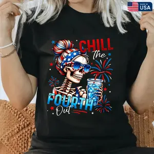 2026 Spring & Summer Collection Men's "Chill The Fourth Out" Patriotic Skeleton T-Shirt Casual Crewneck for 4th of July Celebrations Fabric Top Basic Black Blue Breathable Classic Day Festive，100% Cotton Unisex T-Shirt S-5XL