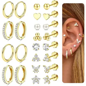 Jstyle Hypoallergenic Surgical Steel Earrings for Sensitive Ears Flat Back Earrings for Women Small Stainless Steel Earrings Flatback Stud Hoop Cartilage Earring Set for Multiple Piercing