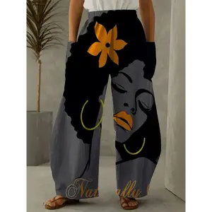 Women’s Elegant Figure-Print Wide-Leg Pants – Dual Pockets, Elastic Waist, Loose Fit, Non-Stretch Fabric, Machine Washable, All-Season Casual Trousers, Comfortable Fashion, Floral Accent Design, Unique Portrait Pattern Women’s Bottom