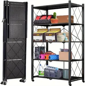 5/4/3-Heavy Duty Foldable Metal Storage Shelving Unit with Wheels and Hooks, Standing Foldable Storage Rack, Perfect for Kitchen, Garage, and Closet Storage Needs, No Assembly Required