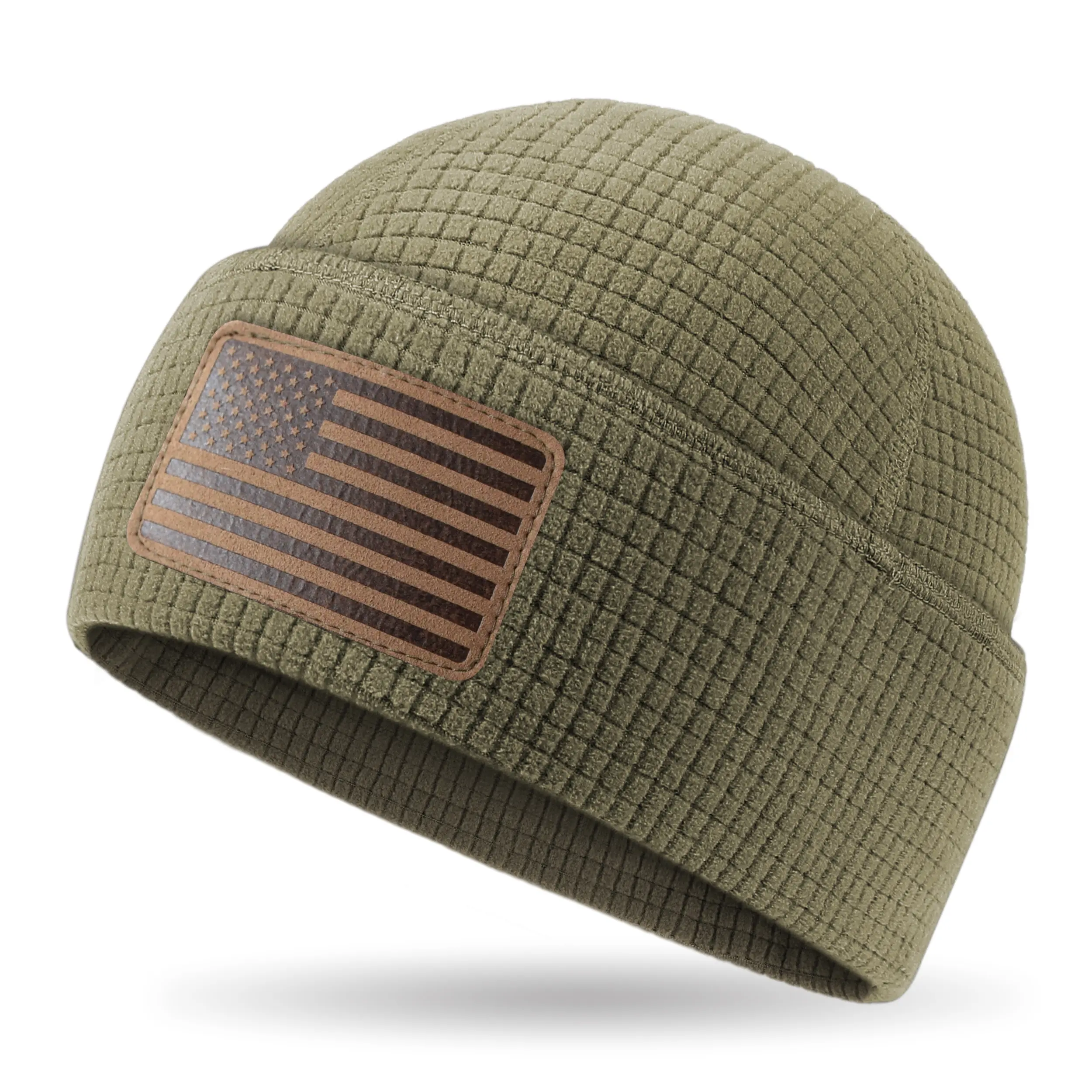 OUTDOOR SHAPING Men's Lightweight Grid Fleece Cuffed Beanie - Sustainable, 98% Recycled Polyester 2% Conductive Yarn, Breathable Premium Headwear, Leather American Flag Patch Tactical Skull Cap, All-Weather Warm Winter Black Hat, Birthday Gift Option, Lig